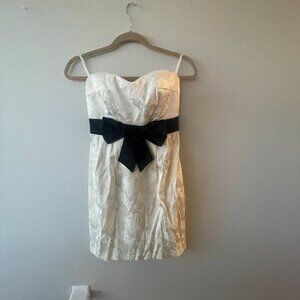 White Jacquard Strapless Mini Dress with Black Sash